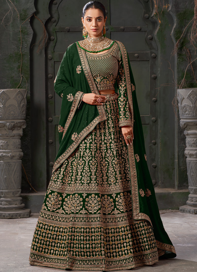 Bottle Green Georgette Codding Zarkan Bridal Lehenga Choli