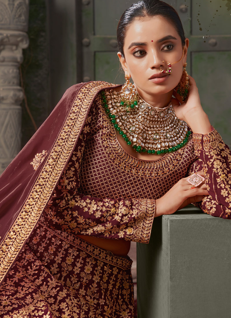 Maroon Georgette Codding Zarkan Bridal Lehenga Choli