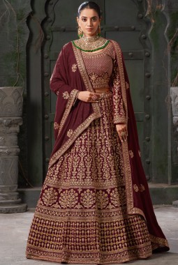 Maroon Georgette Codding Zarkan Bridal Lehenga Choli