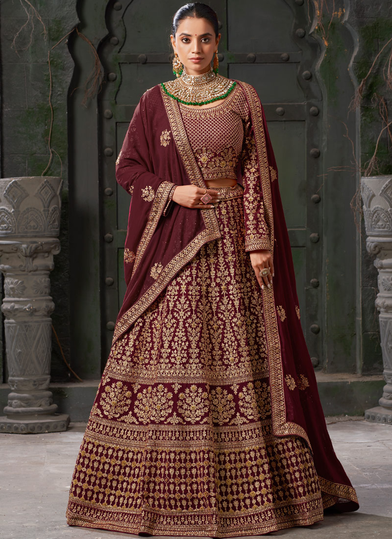 Maroon Georgette Codding Zarkan Bridal Lehenga Choli