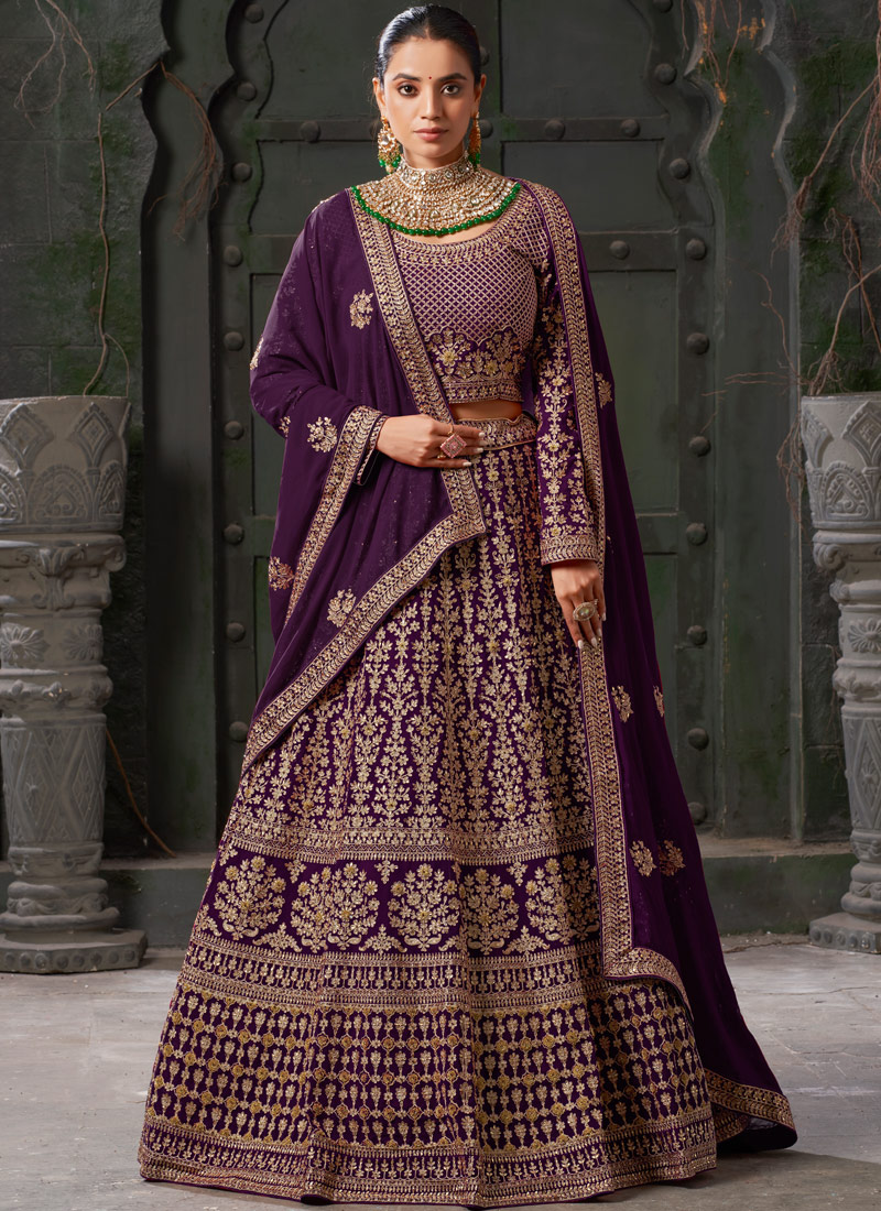 Wine Georgette Codding Zarkan Bridal Lehenga Choli