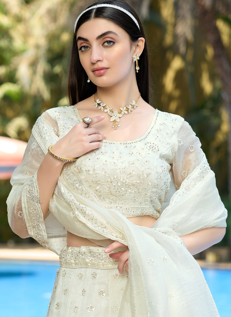 White Organza Zarkan Sequins Wedding Lehenga Choli