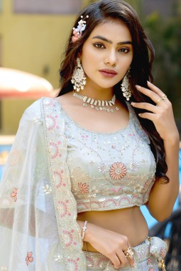 Light Grey Silk Zarkan Sequins Wedding Lehenga Choli