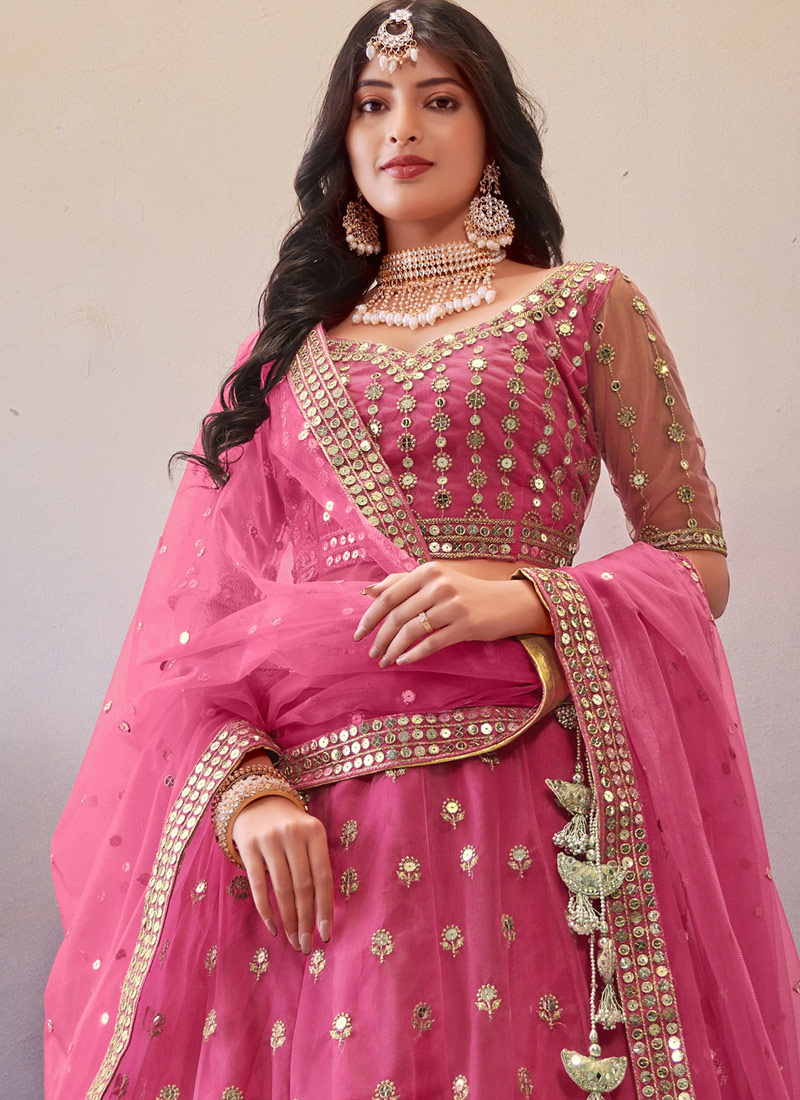 Dark Pink Net Sequins Wedding Lehenga Choli