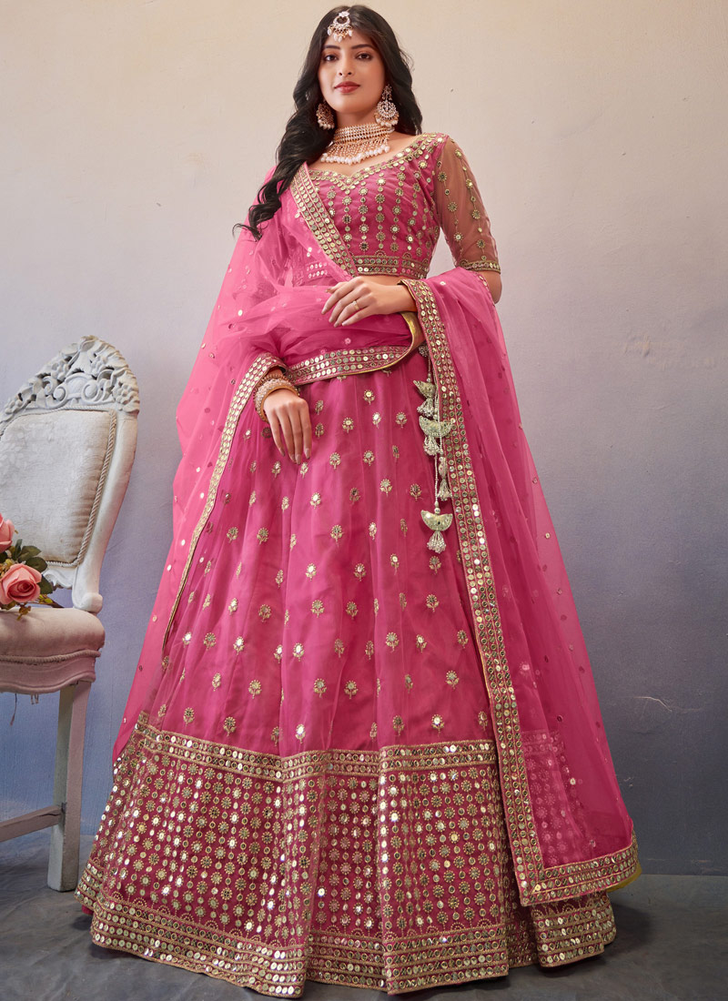 Dark Pink Net Sequins Wedding Lehenga Choli