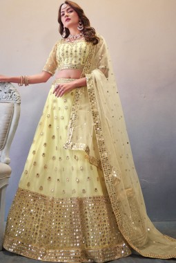 Cream Net Sequins Wedding Lehenga Choli