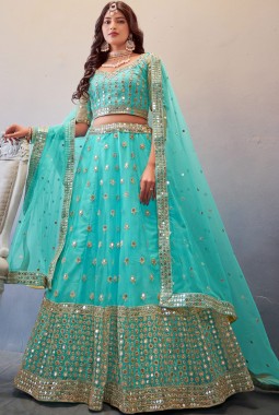 Sky Blue Net Sequins Wedding Lehenga Choli