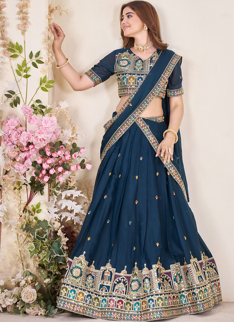 Navy Blue Georgette Sequins Embroidered Wedding Lehenga Choli Navy Blue Georgette Sequins Embroidered Wedding Lehenga Choli