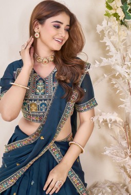 Navy Blue Georgette Sequins Embroidered Wedding Lehenga Choli