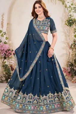 Navy Blue Georgette Sequins Embroidered Wedding Lehenga Choli