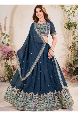 Navy Blue Georgette Sequins Embroidered Wedding Lehenga Choli