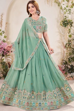 Sea Green Georgette Sequins Embroidered Wedding Lehenga Choli