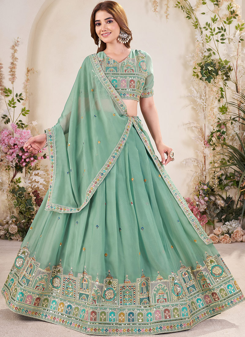 Sea Green Georgette Sequins Embroidered Wedding Lehenga Choli Sea Green Georgette Sequins Embroidered Wedding Lehenga Choli