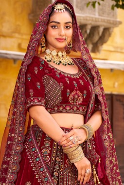Maroon Velvet Hand Work Bridal Lehenga Choli