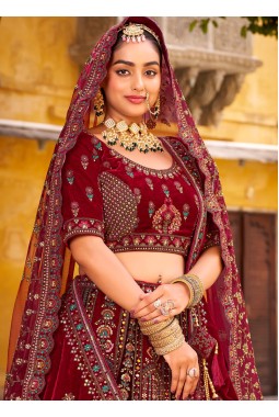 Maroon Velvet Hand Work Bridal Lehenga Choli