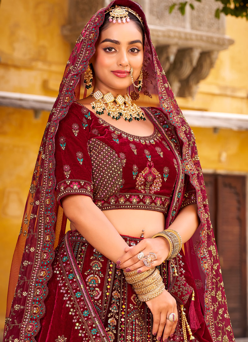 Maroon Velvet Hand Work Bridal Lehenga Choli