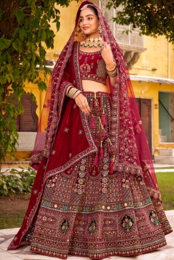 Maroon Velvet Hand Work Bridal Lehenga Choli