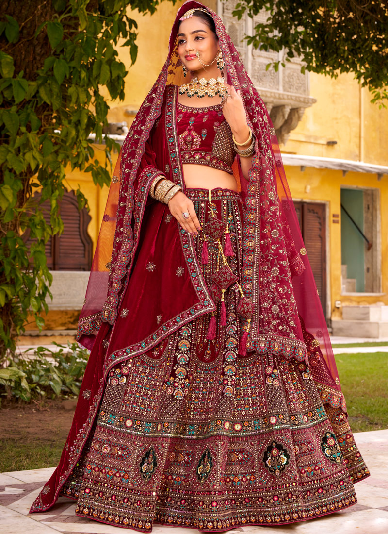 Maroon Velvet Hand Work Bridal Lehenga Choli