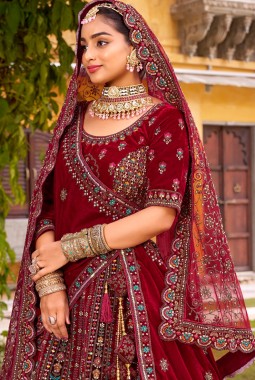 Maroon Velvet Hand Work Bridal Lehenga Choli