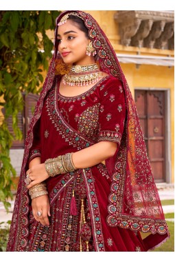 Maroon Velvet Hand Work Bridal Lehenga Choli