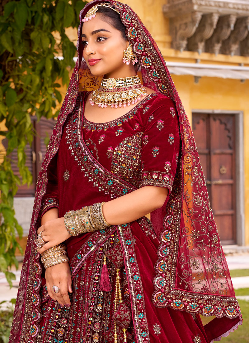 Maroon Velvet Hand Work Bridal Lehenga Choli