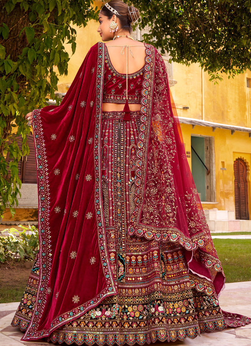 Maroon Velvet Hand Work Bridal Lehenga Choli