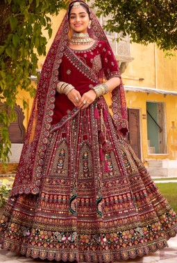 Maroon Velvet Hand Work Bridal Lehenga Choli