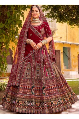 Maroon Velvet Hand Work Bridal Lehenga Choli