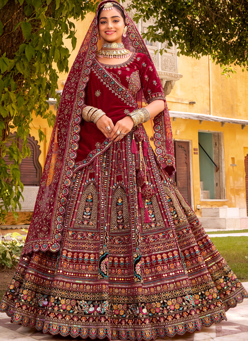 Maroon Velvet Hand Work Bridal Lehenga Choli