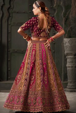 Rani And Mustard Velvet Zarkan Codding Bridal Lehenga Choli