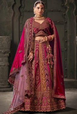 Rani And Mustard Velvet Zarkan Codding Bridal Lehenga Choli