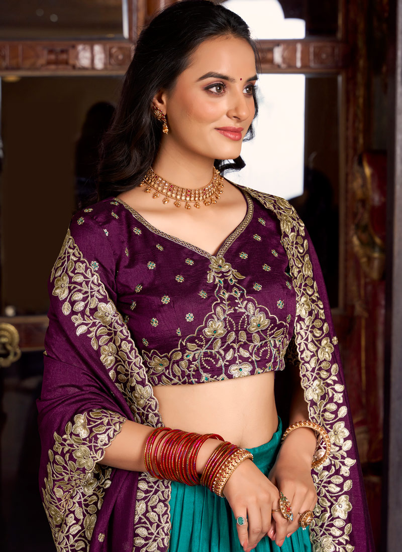 Teal Silk Sequins Thread Embroidered Wedding Lehenga Choli Teal Silk Sequins Thread Embroidered Wedding Lehenga Choli
