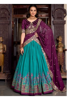 Teal Silk Sequins Thread Embroidered Wedding Lehenga Choli