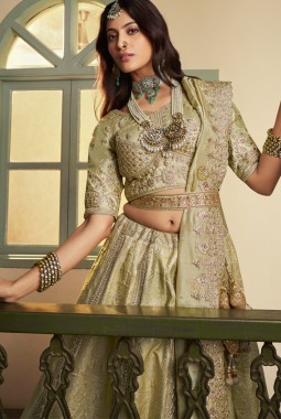 Pista Green Banarasi Silk Khatli Weaving Designer Wedding Lehenga Choli