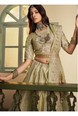Pista Green Banarasi Silk Khatli Weaving Designer Wedding Lehenga Choli