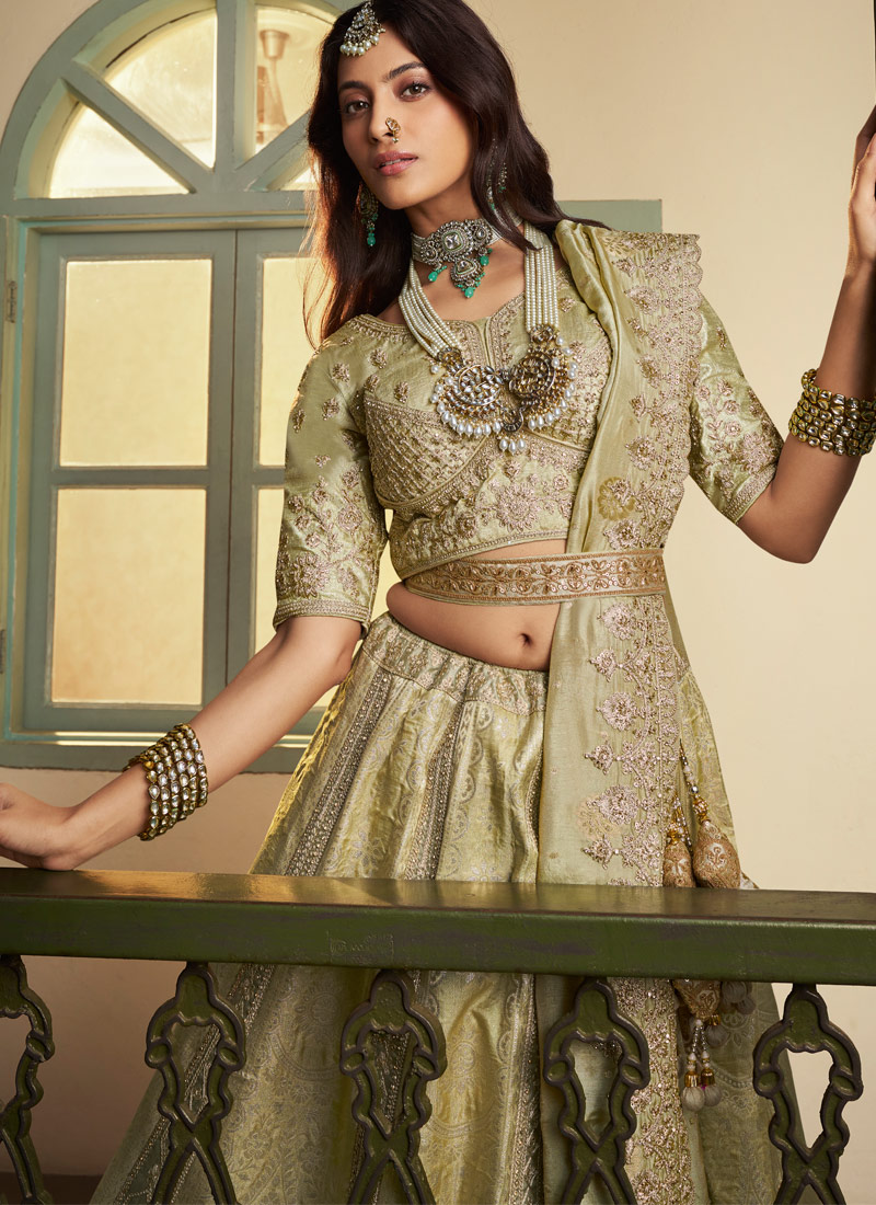 Pista Green Banarasi Silk Khatli Weaving Designer Wedding Lehenga Choli