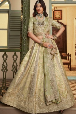 Pista Green Banarasi Silk Khatli Weaving Designer Wedding Lehenga Choli