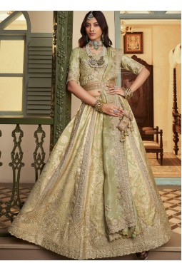 Pista Green Banarasi Silk Khatli Weaving Designer Wedding Lehenga Choli