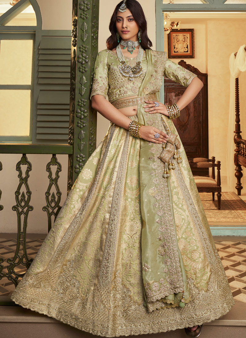 Pista Green Banarasi Silk Khatli Weaving Designer Wedding Lehenga Choli