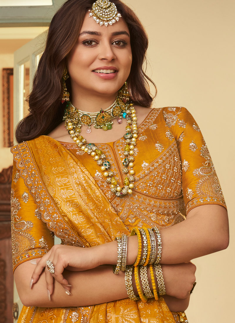 Mustard Banarasi Silk Khatli Weaving Designer Wedding Lehenga Choli