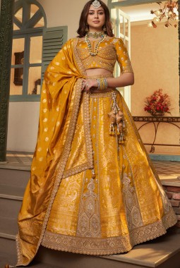 Mustard Banarasi Silk Khatli Weaving Designer Wedding Lehenga Choli