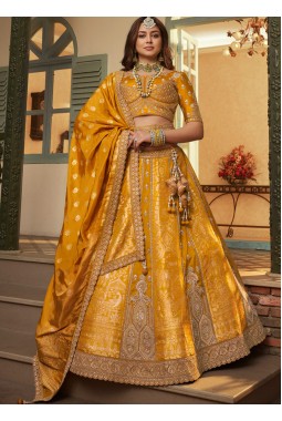 Mustard Banarasi Silk Khatli Weaving Designer Wedding Lehenga Choli