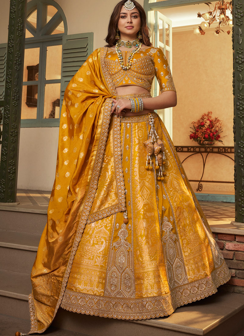 Mustard Banarasi Silk Khatli Weaving Designer Wedding Lehenga Choli