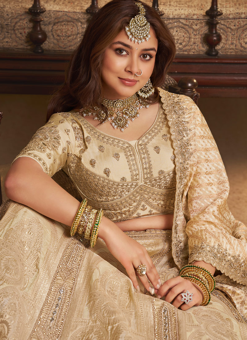 Beige Banarasi Silk Khatli Weaving Designer Wedding Lehenga Choli