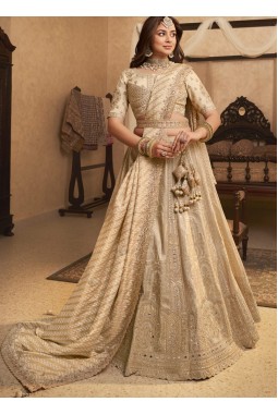 Beige Banarasi Silk Khatli Weaving Designer Wedding Lehenga Choli