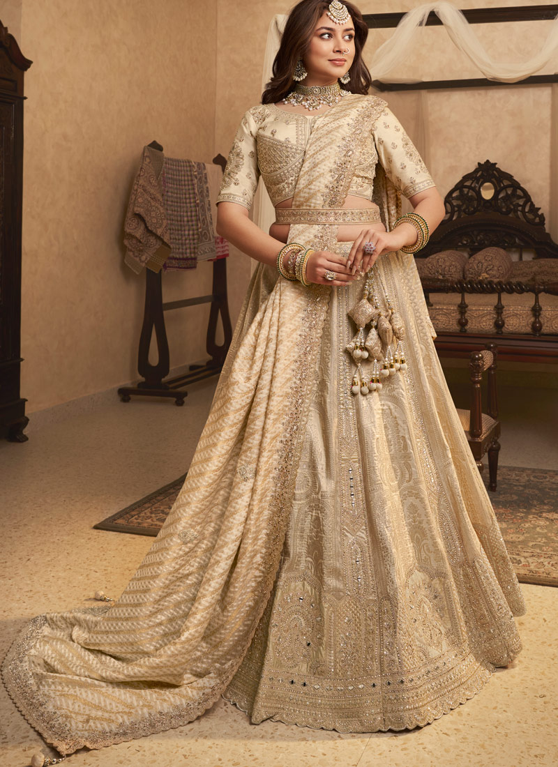 Beige Banarasi Silk Khatli Weaving Designer Wedding Lehenga Choli