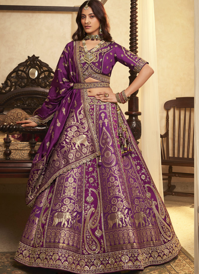 Purple Banarasi Silk Khatli Weaving Designer Wedding Lehenga Choli