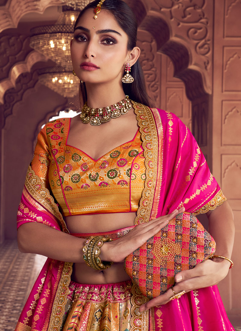 Multi Color Banarasi Silk Swarovski Wedding Lehenga Choli