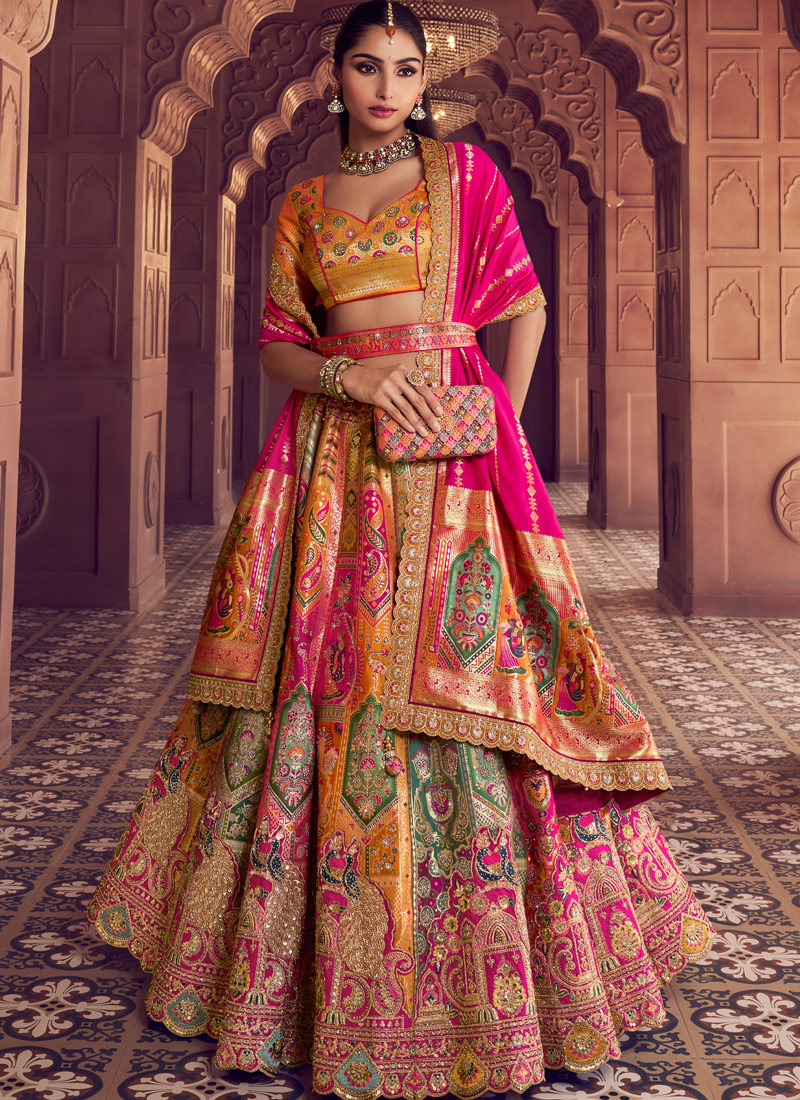 Multi Color Banarasi Silk Swarovski Wedding Lehenga Choli