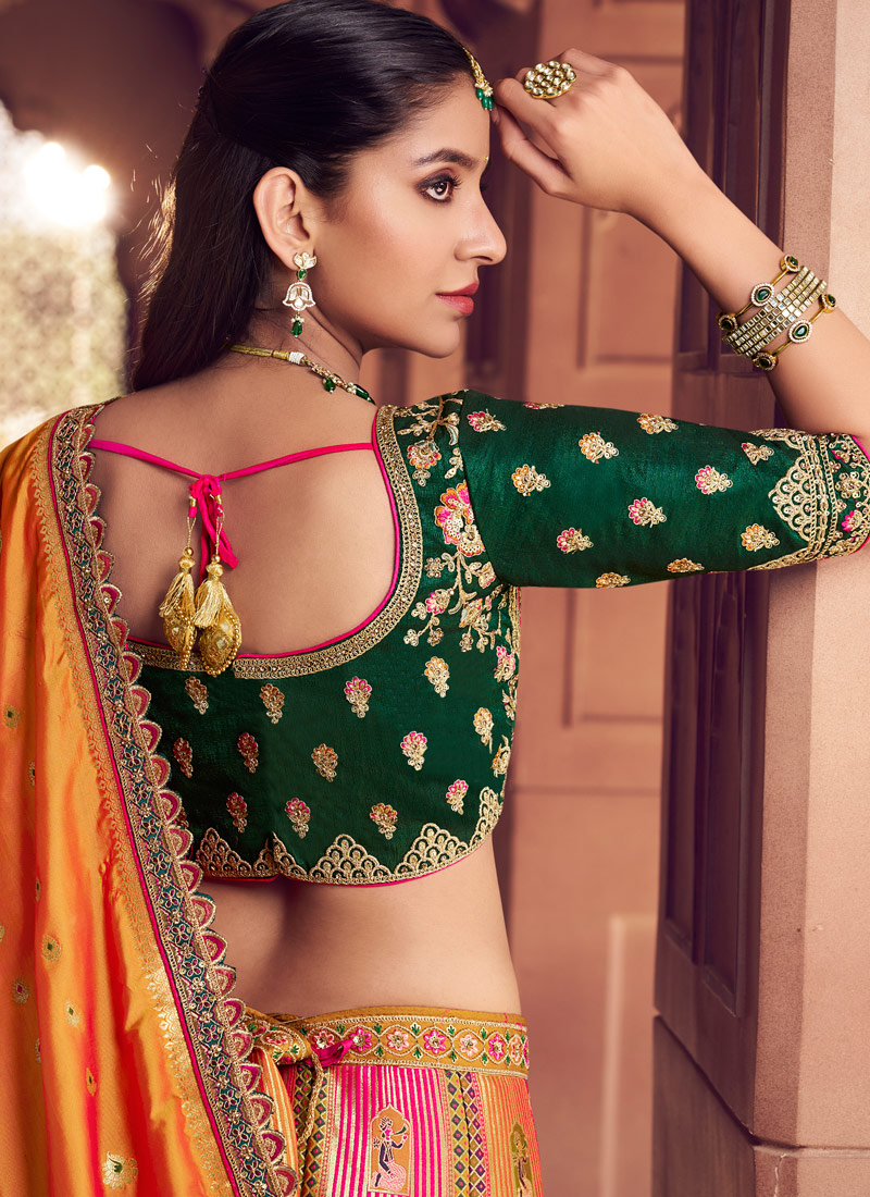 Multi Color Banarasi Silk Embroidered Wedding Lehenga Choli